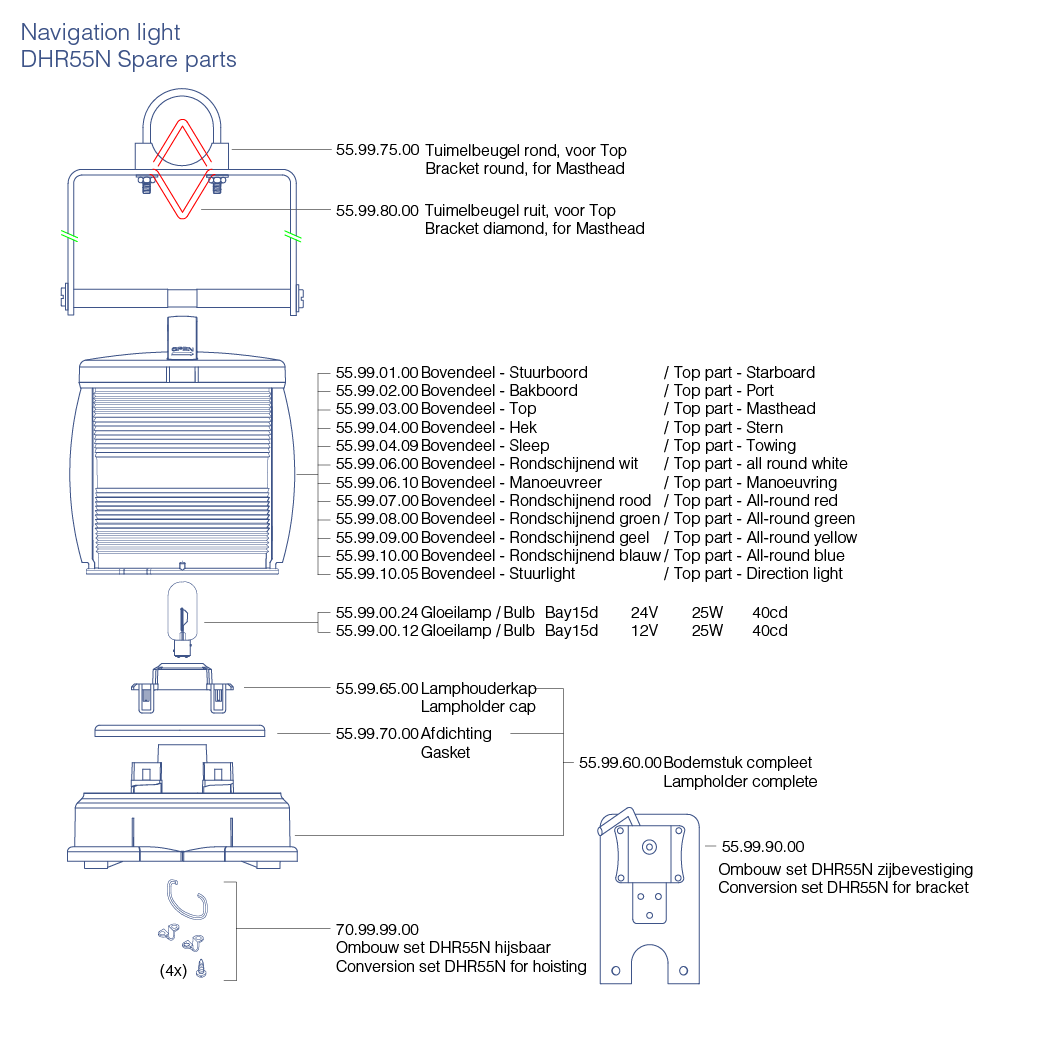Navigatielantaarn rondschijnend blauw DHR55N met voetbevestiging DHR55N Spare parts-01